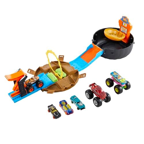 Hot Wheels Monster Trucks Coffret Arène Roue, avec 3 Monster Trucks et 3 véhicules à l’échelle 1/64, Cadeau pour Enfants de 4 à 8 Ans, HHY74