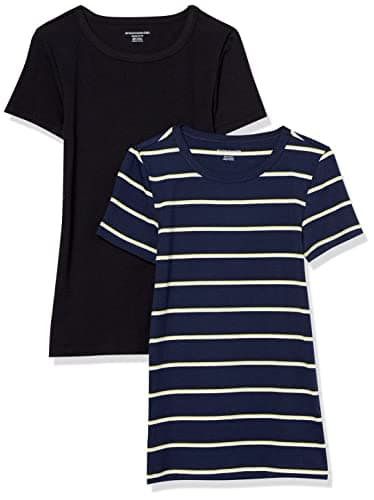 Amazon Essentials T-Shirt Girocollo a Maniche Corte Slim Donna, Pacco da 2, Blu Marino Righe Orizzontali/Nero, XS