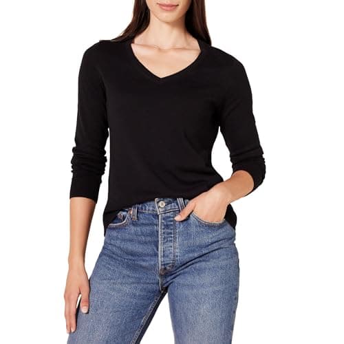 Amazon Essentials Chandail léger à manches longues et col en V pour femme (disponible en grande taille), noir, taille XL