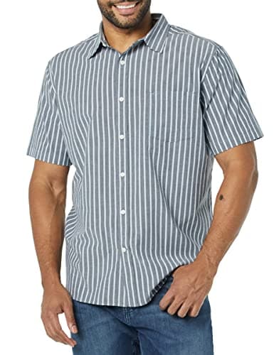 Amazon Essentials Chemise en Popeline Extensible à Manches Courtes (Grandes Tailles Disponibles) Homme, Charbon Blanc Rayures Verticales, XS
