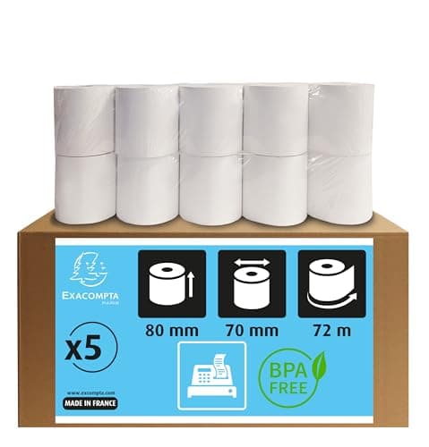 Exacompta - Rif. 43706E - Confezione da 5 bobine per ricevute 80x70 mm - 1 strato termico 55g/m2 senza BPA. - Yardage (+ o - 2m): 72 m