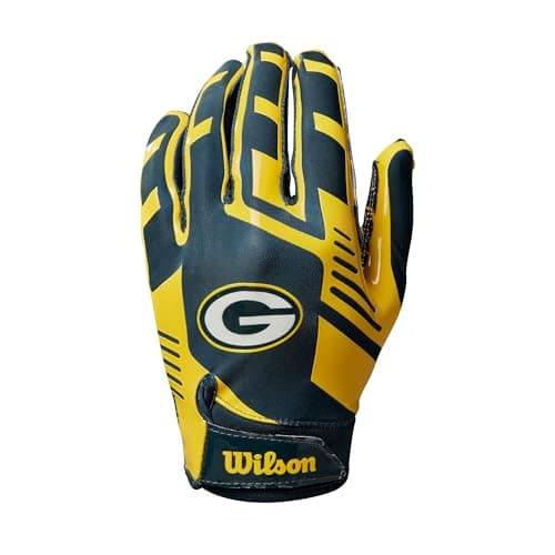 WILSON AD NFL Stretch Fit Football-Handschuhe, Hervorragende Passform und sicherer Grip, Aus atmungsaktivem Material, Optimale Performance, Team: Green Bay Packers, Farbe: Grün/Gelb, Erwachsenengröße
