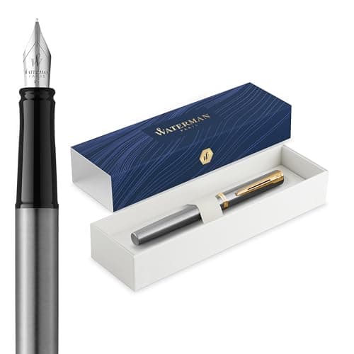 Waterman Impression Penna Stilografica | Punta Fine con Ricarica di Inchiostro Blu | Acciaio Inossidabile con Rifiniture Placcate in Oro | Confezione regalo