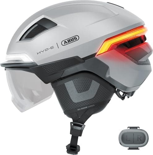 ABUS Casco de bicicleta HYP-E ACE, con luz delantera, luz trasera e intermitente, con visera y orejeras, también apto para e-bikes y S-pedelecs, para hombres y mujeres, talla M, plateado