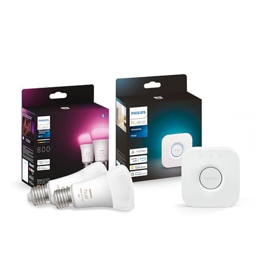 Philips Hue Pack de 2 Bombillas Inteligentes E27, Luz Blanca y de Colores, 800 Lumens y Hue Bridge, Compatible con Alexa y Google Home