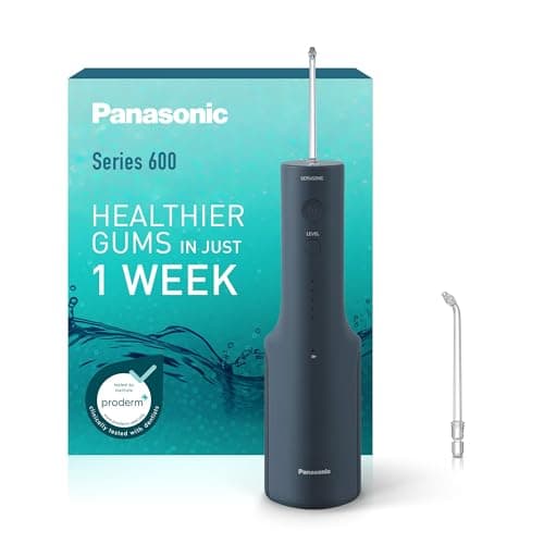 Panasonic Serie 600 Irrigador Bucal Ultrasónico EW-DJ66-A303, Irrigador Bucal para Dientes, 200 ml, IPX7, 2 Boquillas Ultrasónicas, 5 Presiónes, Accesorio de Viaje, Azul Marino