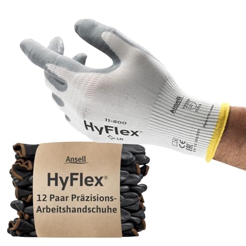 Ansell HyFlex 11-800 Professionelle Arbeitshandschuhe, Rutschfeste Nitril-Beschichtung, Industrie-Schutzhandschuhe für Mechanik, Werkstatt und Montage, Waschbare, Weiß, Größe XL (12 Paar)