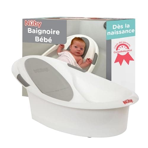 Nuby Baignoire Bébé avec Appui-Tête Souple & Antidérapant, +0 Mois, Blanc