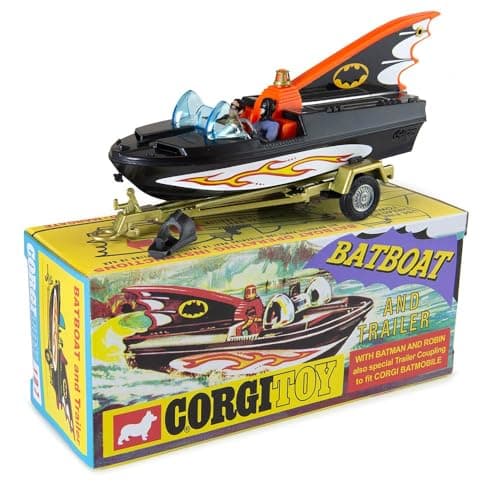 Corgi Toys CD54321062 107 – Fledermausboot mit Batman- und Rotkehlchen-Figuren und Stanzschablonen – spezielle Anhängerkupplung für Batmobile RT26701 im Maßstab 1:46, Souvenir, Geschenk für Männer
