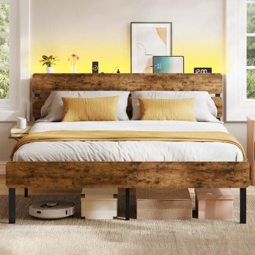 VASAGLE Cadre de Lit 160 x 200, Sommier Métal, Éclairage LED, Port USB