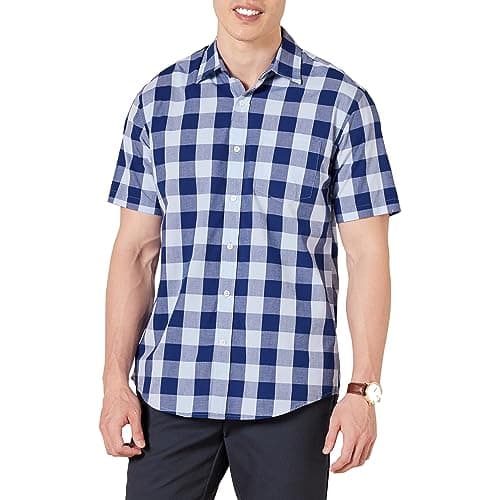 Amazon Essentials Camicia in Popeline a Maniche Corte Regular Fit Uomo, Blu Buffalo Check, XS