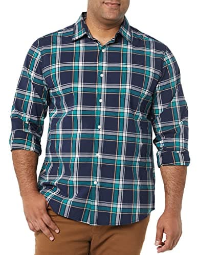 Amazon Essentials Herren Langärmeliges Business Hemd aus Popeline Normale Passform, Dunkelgrün Marineblau Mittlere Karo, XS