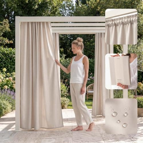 ROOM99 Tenda per esterni con nastro arricciato, 155 x 270 cm, larghezza x altezza, per esterni, resistente alle intemperie, impermeabile, protezione solare, da giardino, antivento, beige chiaro, 1
