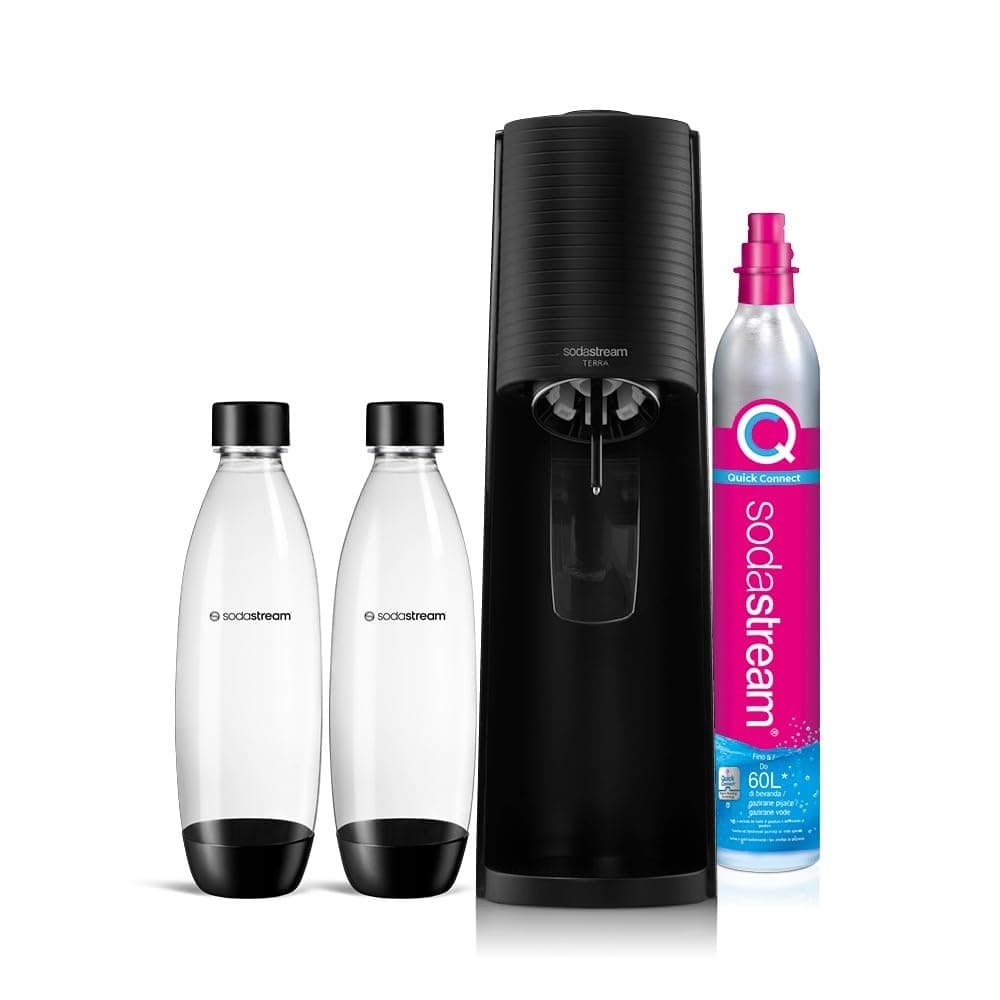 sodastream Gasatore Terra Value Pack Nero con 2 bottiglie fuse lavabili in lavastoviglie da 1L e 1 cilindro di CO2 Quick Connect per gasare fino a 60L