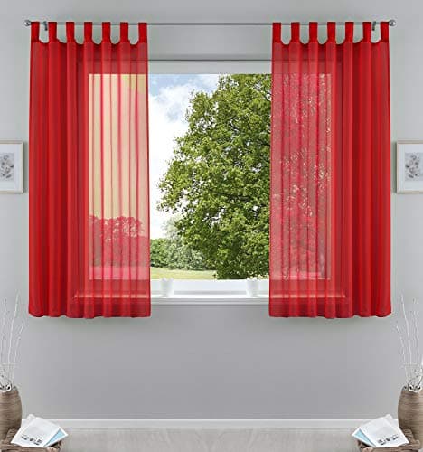 61000CN - Set di 2 tende trasparenti per soggiorno, in voile, con chiusura a nastro, 175 x 140 cm, colore: rosso