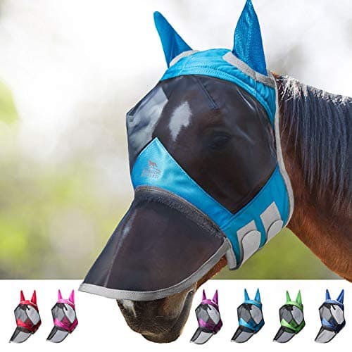 Harrison Howard CareMaster Pro - Maschera antimosche luminosa per cavalli, con naso lungo e orecchie, protezione UV, per cavalli, colore blu (M, pannocchia)