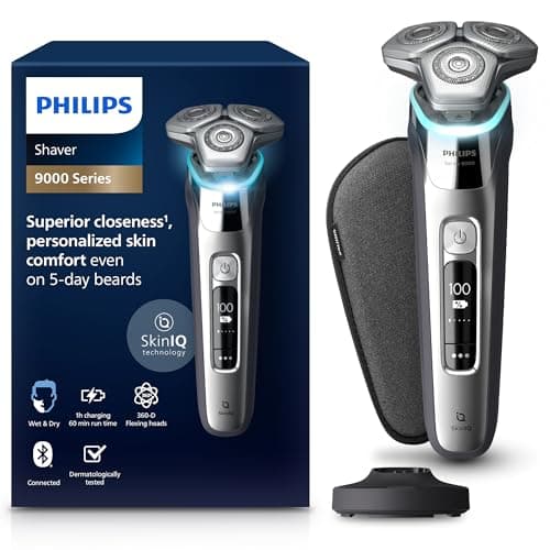 Philips S9000 - rasoir électrique Wet & Dry pour hommes couleur Argent chromé avec lames Lift & Cut, technologie SkinIQ, tondeuse à barbe, socle de charge et étui de transport (modèle S9975/35)