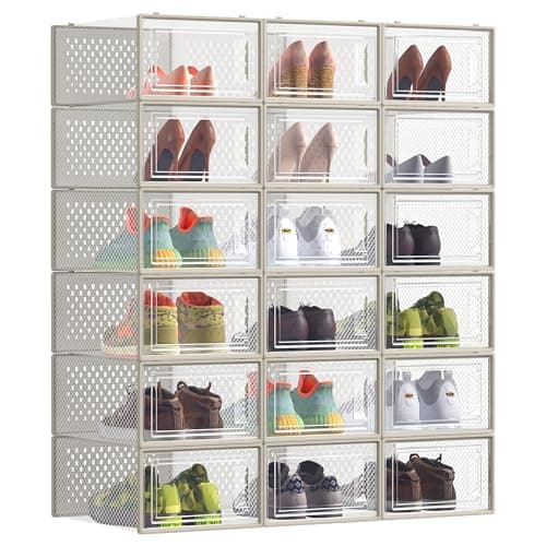 SONGMICS Scatole per Scarpe, Contenitori per Scarpe, Organizzatori Portascarpe Pieghevoli e Impilabili, Fino alla Taglia 43, Set di 18, Trasparente e Beige Cappuccino LSP066L18