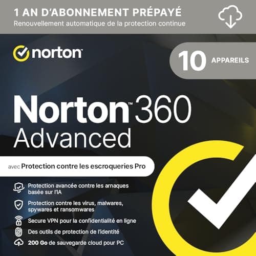 Norton 360 Advanced 2026 | 10 appareils | 1 An d'Abonnement en renouvellement automatique | Téléchargement