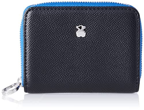 TOUS Monedero Mediano de Poliuretano con Efecto Saffiano en Negro y Azul, Cierre Presión y Cremallera, Medidas 11 x 8 x 3 cm, Bonito y Chic, Colección Dubai