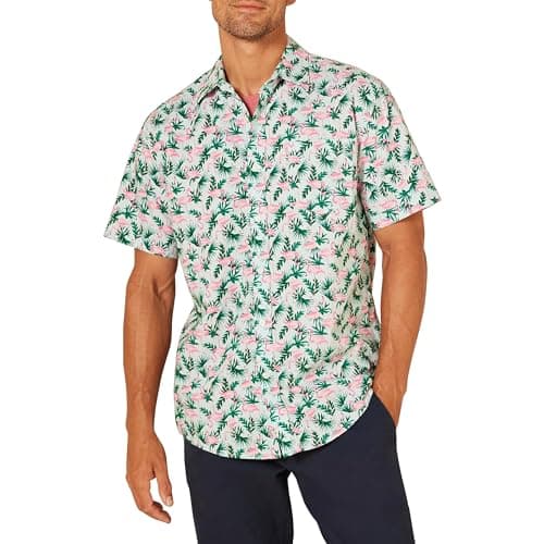 Amazon Essentials Camisa Estampada de Manga Corta y Ajuste Normal Hombre, Verde Pastel Flamenco, XS
