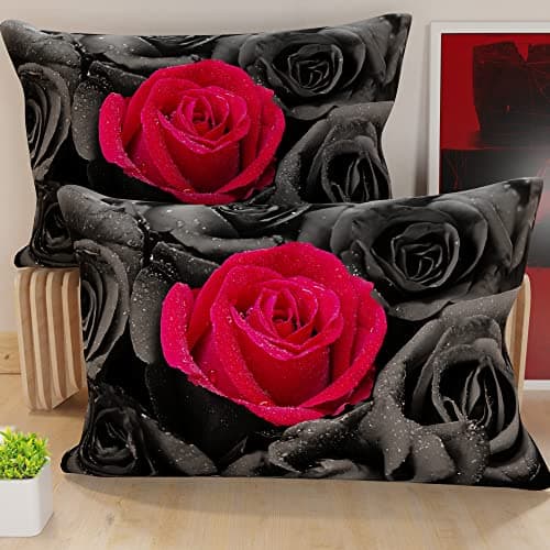 PETTI Artigiani Italiani - 2 Taies d’Oreiller 145x40 cm en Microfibre, Coussins Décoratifs Chambre, Salon, Lot de 2 Housses de Coussin, Taie Black Roses, 100% Made in Italy