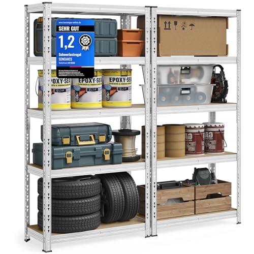 SONGMICS Schwerlastregal, 2er Set, Kellerregal, 50 x 100 x 200 cm, Schmetterling-Stecksystem, bis 875 kg belastbar, einfache Montage, Lagerregal, verstellbare Ablagen, Lagerregal, silbern GLR447E02