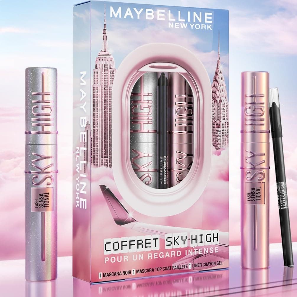 Maybelline New York - Coffret Regard Intense - Tattoo Liner Crayon Gel + Mascara Sky High Very Black + Mascara Sky High Top Coat Pailleté - 3 produits