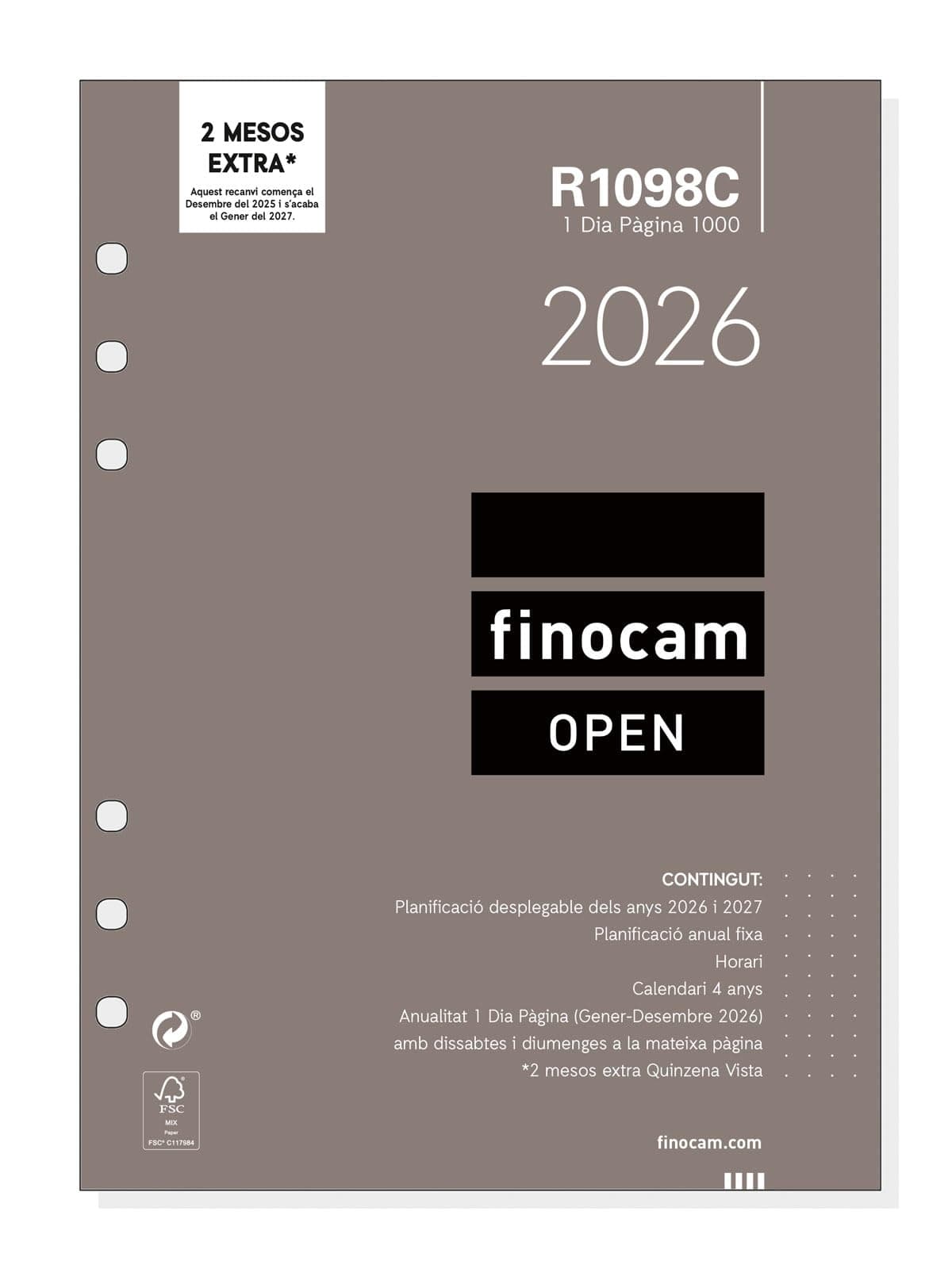 Finocam - Recambio agenda Open 2026 1 Día Página | Enero - Diciembre (12 meses) | Recambio anual agenda R1098C 6 taladros - Catalán