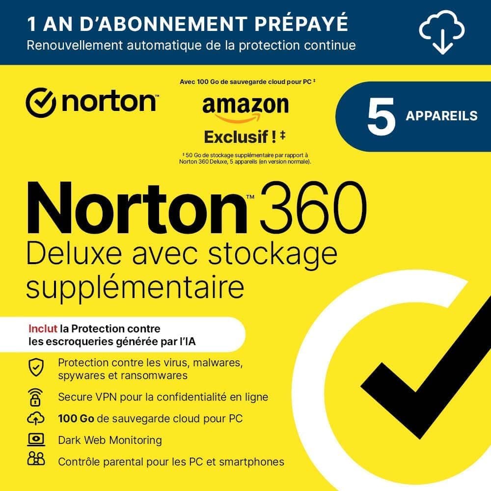 Norton 360 Deluxe Exclusivité Amazon* + 50 Go de sauvegarde cloud supplémentaire 2026 |5 Appareils | 1 An d'Abonnement en renouvellement automatique |Téléchargement