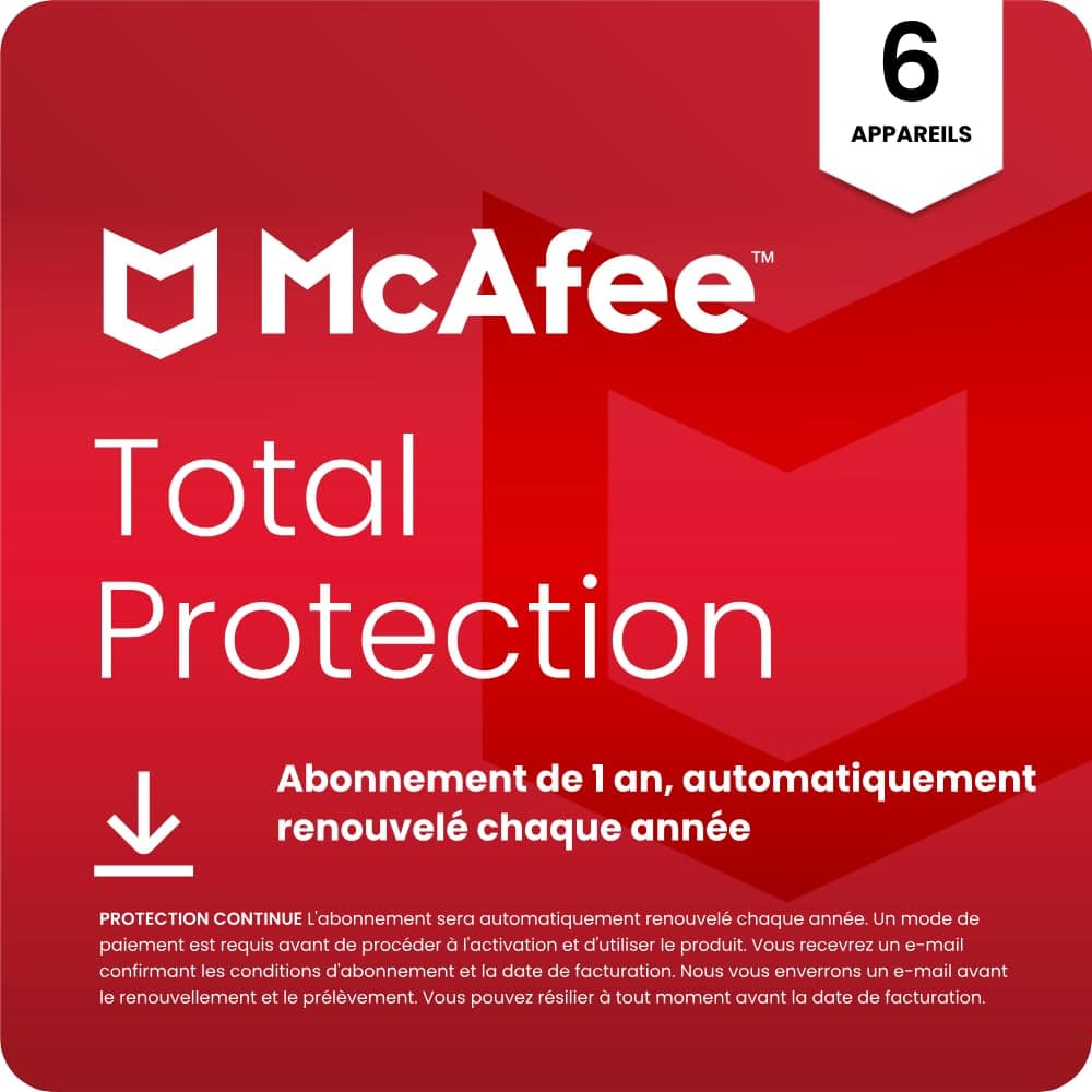McAfee Total Protection 6 Appareil 2025 | Antivirus, VPN, Logiciel de sécurité | Abonnement d'un an, automatiquement renouvelé chaque année | Téléchargement numérique