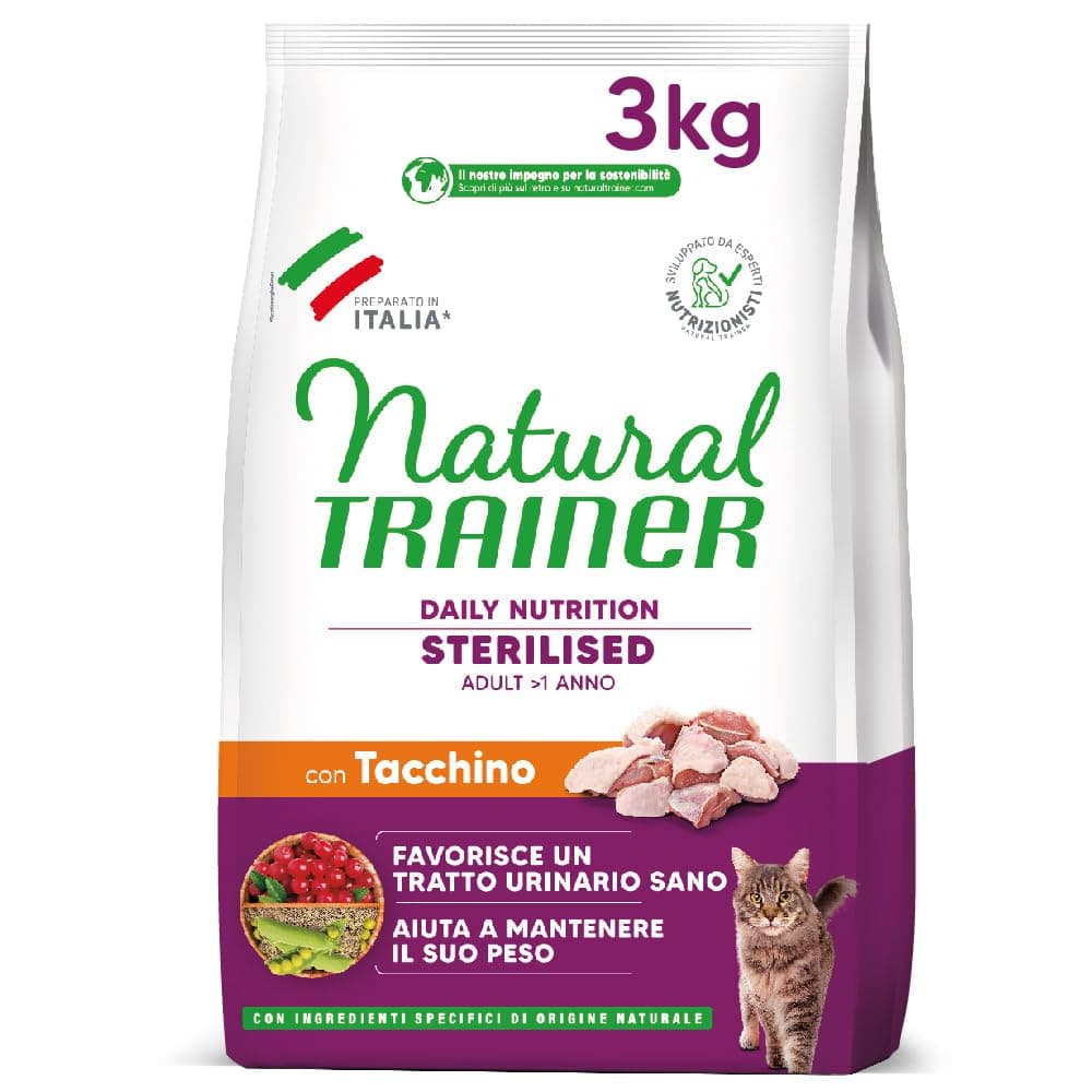 Trainer Natural Cat Sterilised Adult con Carni Bianche e Fibra di Pisello 3 Kg, 3000 Gr