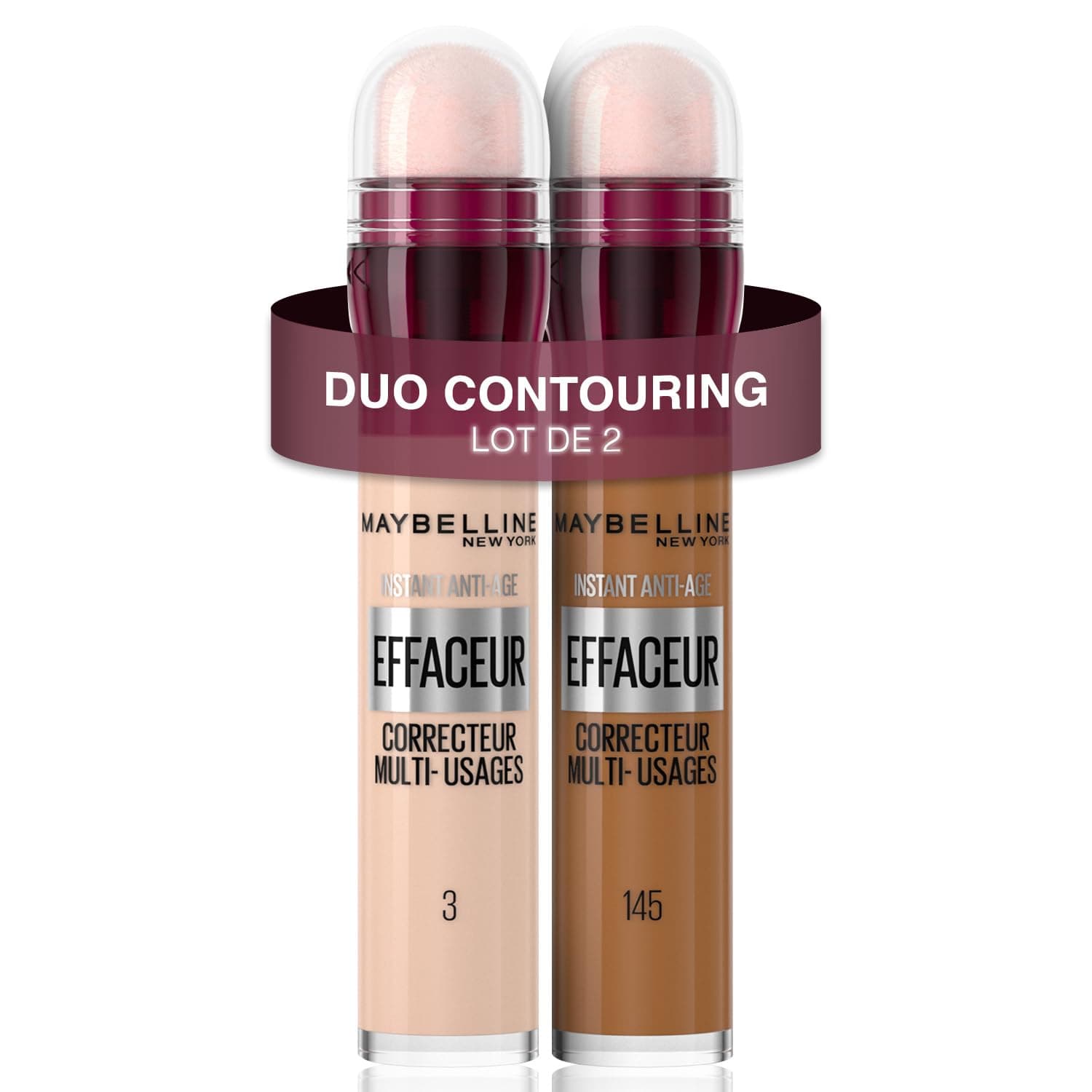 Maybelline New York - Lot de 2 Anti-cernes Fluide - Kit Correcteur & Contouring - Instant Anti-Age L’Effaceur - Teintes : Clair (03) & Olive Doré (145) - 2x 6,8 ml