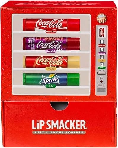 Lip Smacker, Coca-Cola Lippenbalsam-Sortiment, duftender Lippenbalsam im Spender, Geschenkset für Mädchen und Frauen, 4 Geschmacksrichtungen, Coca-Cola, Kirsche, Vanille, Sprite