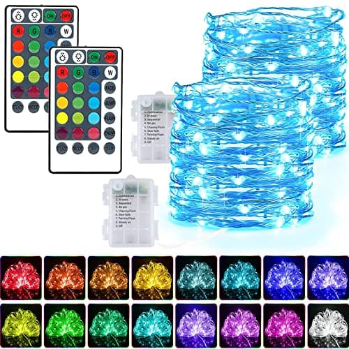 Lot de 2 guirlandes lumineuses LED avec piles, 50 LED, 16 couleurs changeantes, batterie RVB, guirlande lumineuse super lumineuse, avec télécommande, minuterie, pour décorations de Noël en intérieur