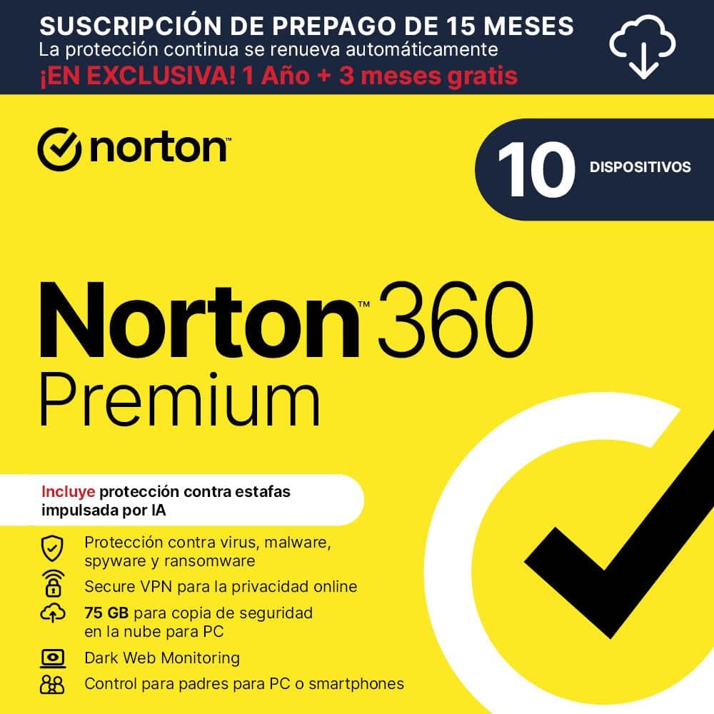 Norton 360 Premium 2025| Antivírus 10 Dispositivos| 15 meses con renovación automática| Descarga digital