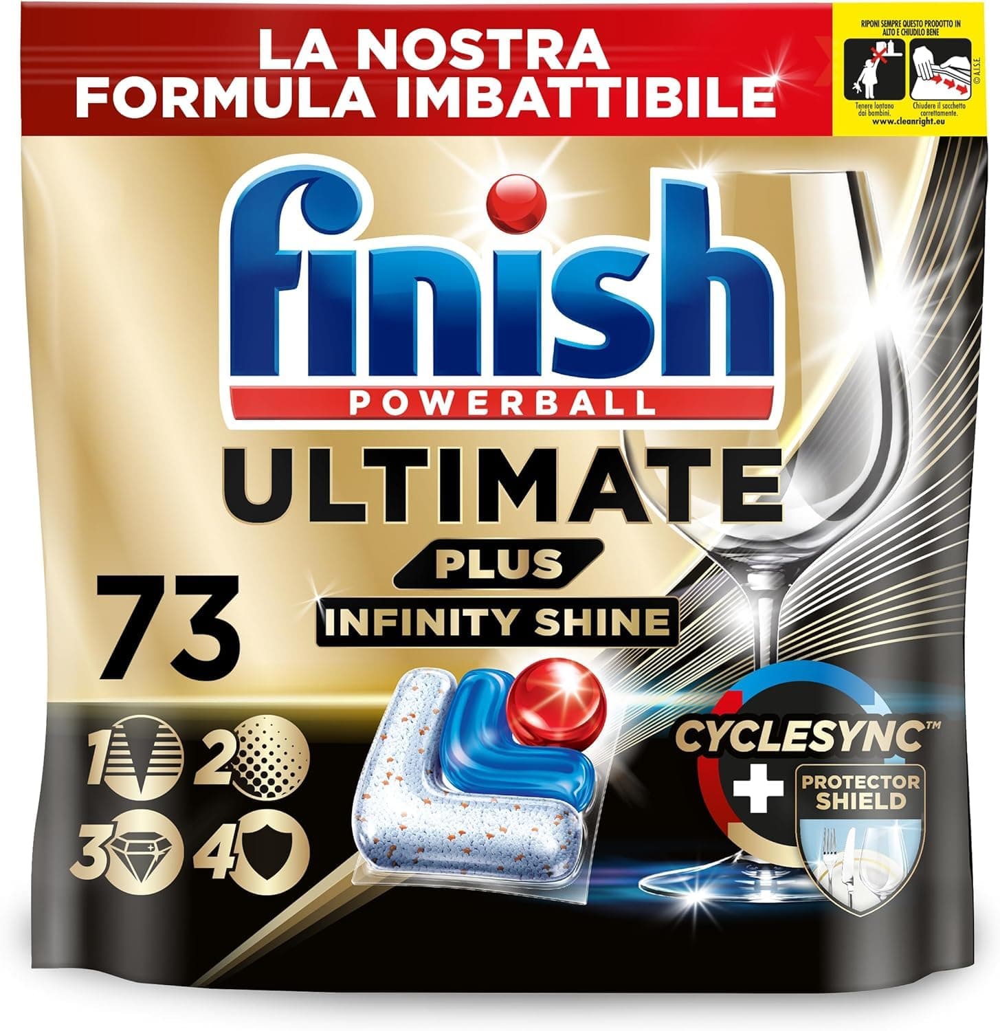 Finish Ultimate PLUS Infinity Shine Pastiglie Lavastoviglie, 73 Capsule Lavastoviglie, Pastiglie per Lavastoviglie con Scudo Protettivo contro lo Sporco e i Residui Incrostati