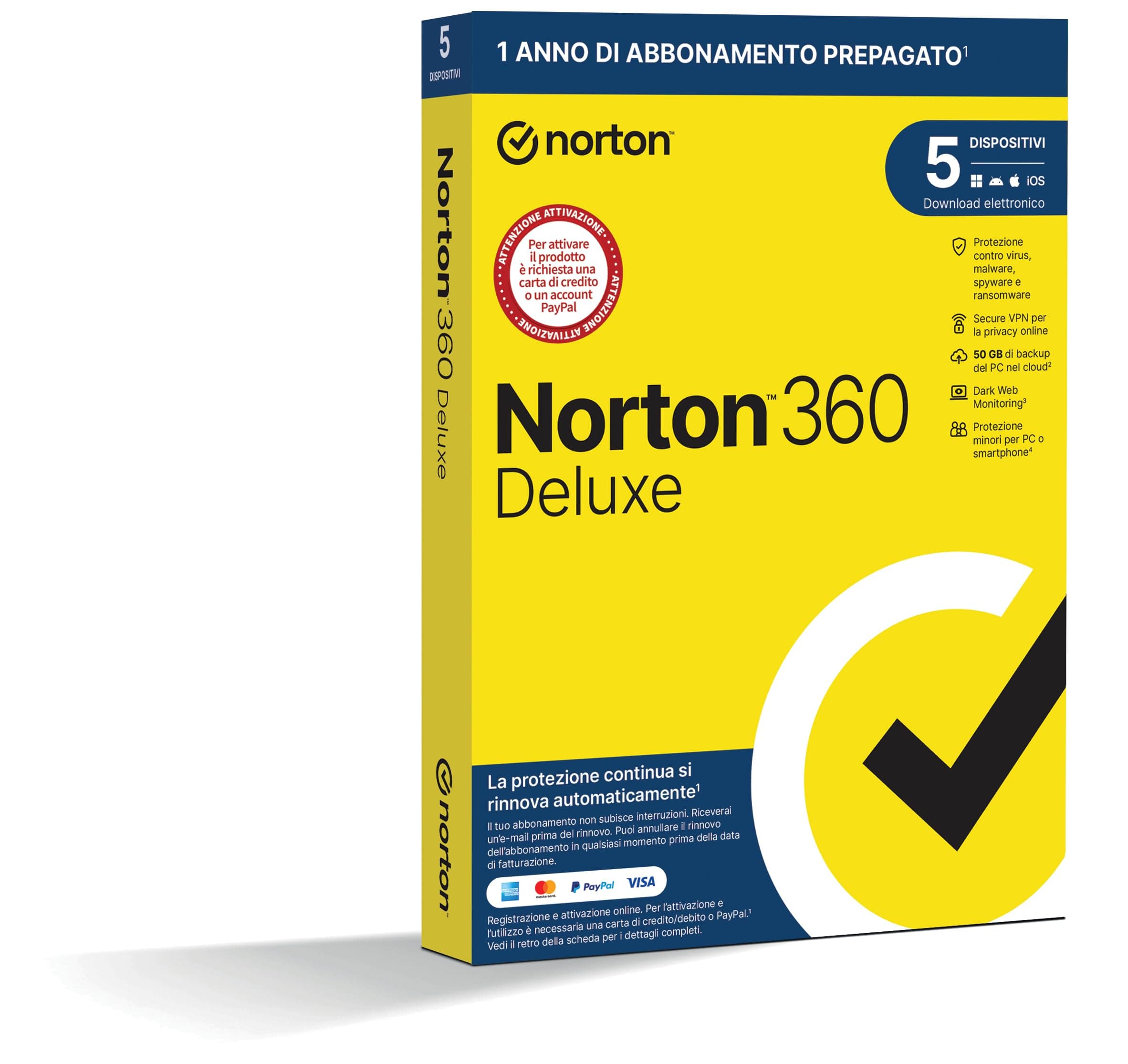 Norton 360 Deluxe 2026, Antivirus 5 dispositivi, 1 anno rinnovo automatico,prodotto fisico