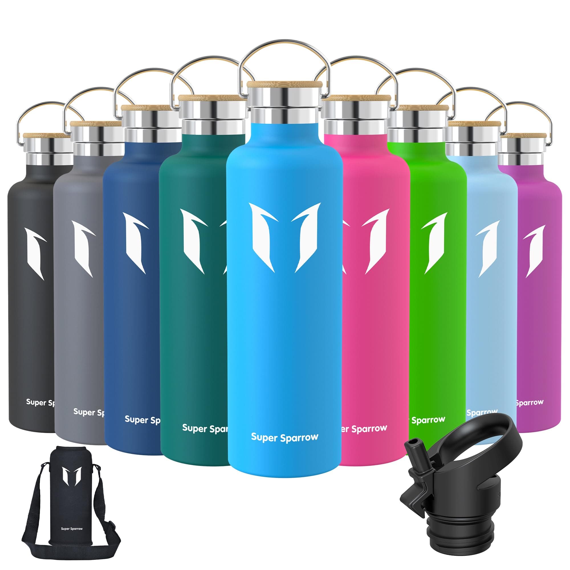 Super Sparrow Botella Agua Acero Inoxidable - Botella Agua Niños - 1L - Botella Termica Boca Estándar - Sin BPA, para Niños & Adultos, Deporte, Oficina, Yoga, Ciclismo