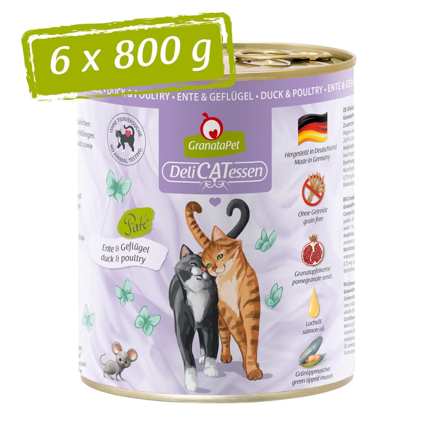 GranataPet DeliCatessen Ente & Geflügel, Nassfutter für Katzen, Katzenfutter für Feinschmecker, Futter ohne Getreide & ohne Zuckerzusätze, 6 x 800 g
