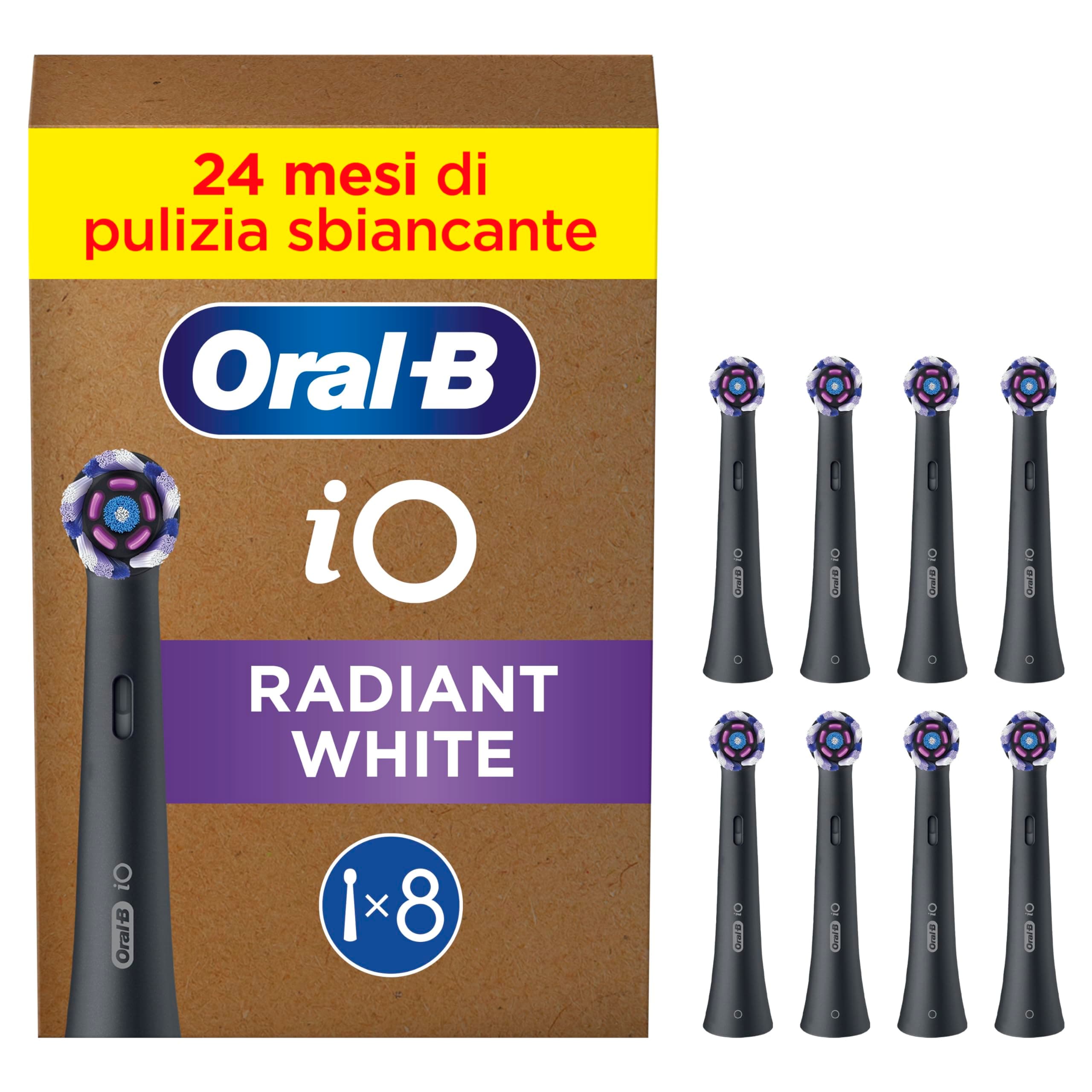 Oral-B Testine di Ricambio iO Radiant White Nere, Testine Rotonde Originali, Setole Angolate e Setole Lucidanti, 8 Testine