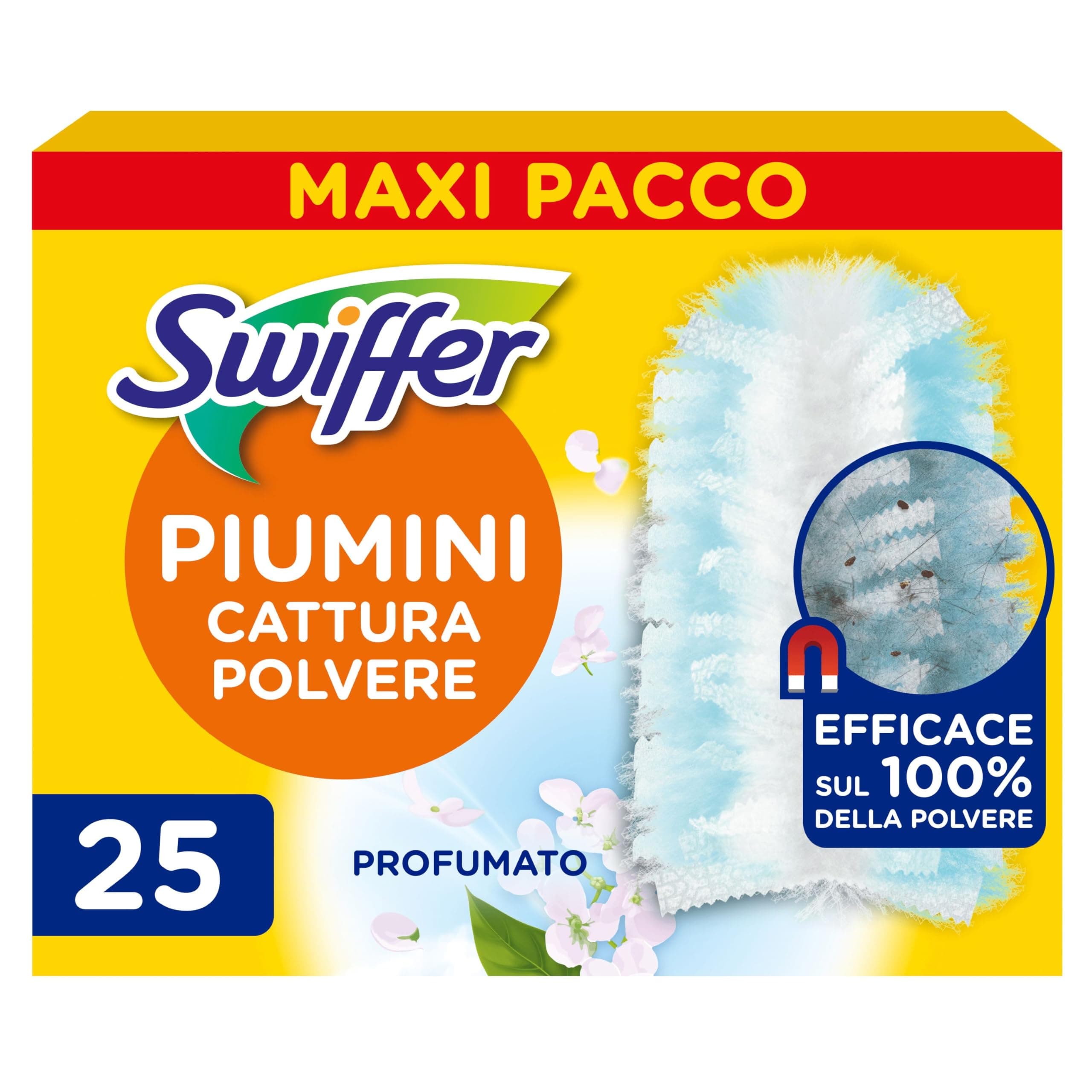 Swiffer Duster Piumini Cattura Polvere, 25 Piumini, Cattura e Intrappola Polvere e Sporco, Raggiunge I Punti più Difficili della Casa, Maxi Formato