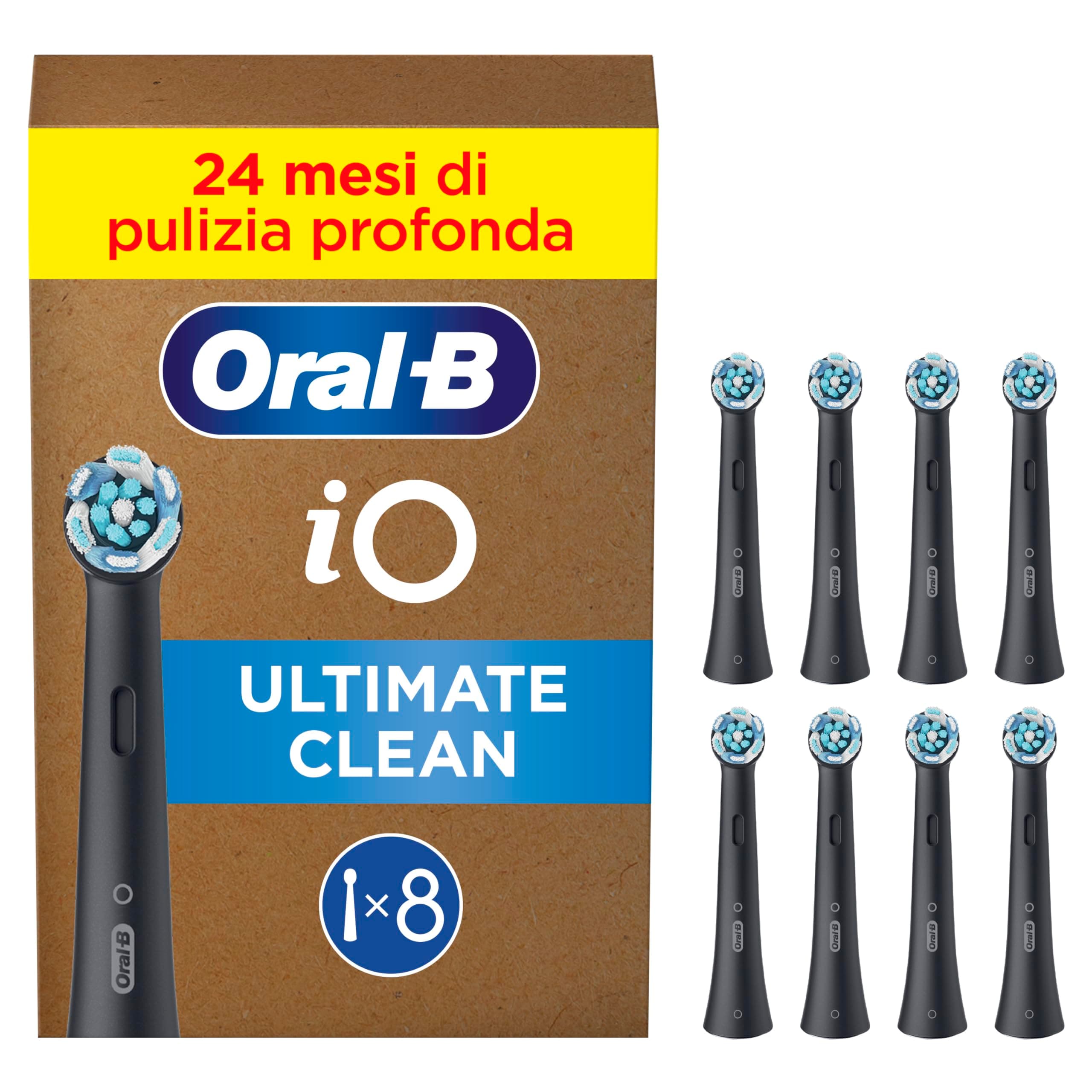 Oral-B iO Ultimate Clean Testine Spazzolino Elettrico, Confezione da 8 Testine di Ricambio Nere, Rimuove il 100% della Placca, Progettate per il tuo Oral-B iO, Adatto alla Buca delle Lettere