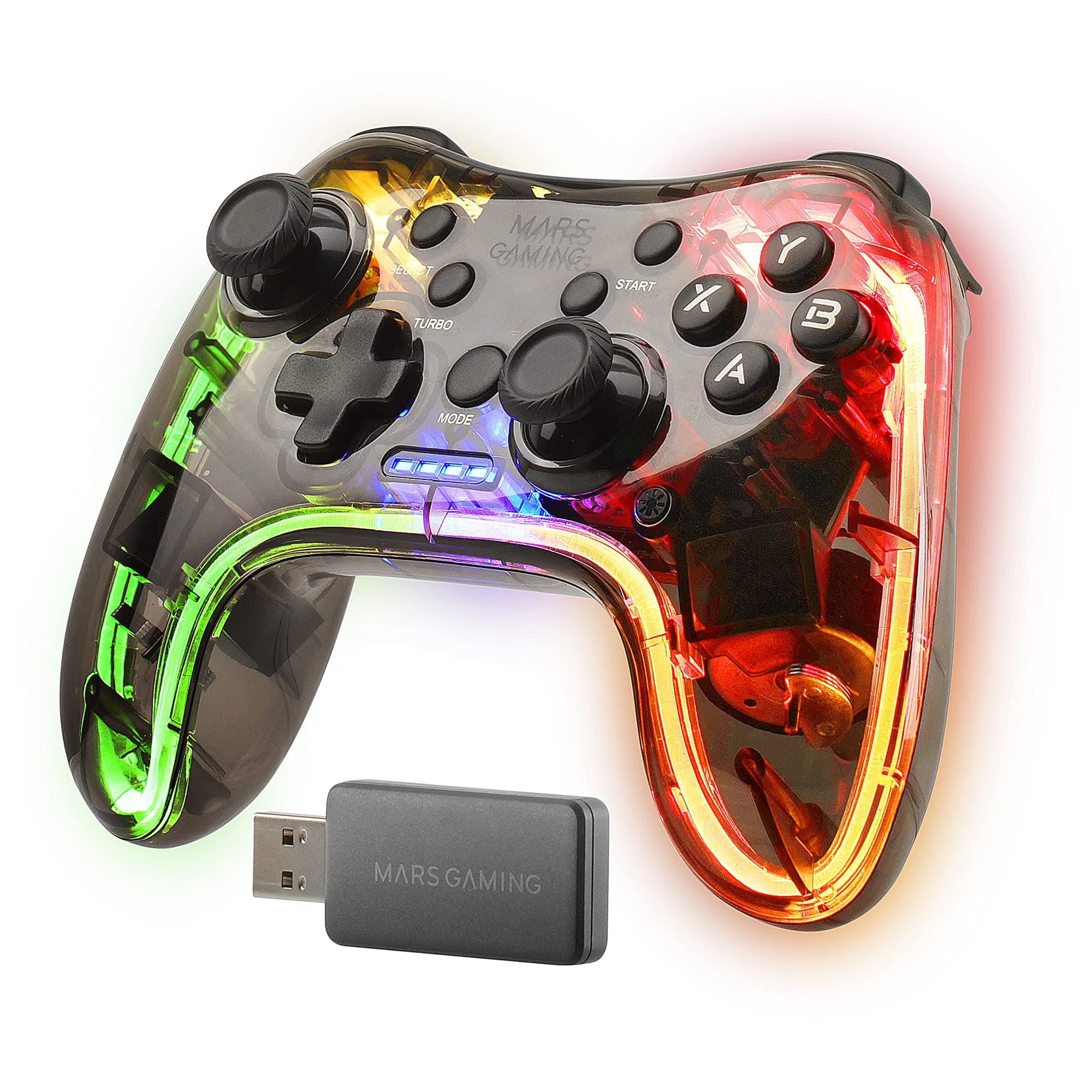 Mars Gaming MGP-24, Gamepad Inalámbrico 2.4GPRO, Neon RGB, Vibración Háptica Dual, Joysticks Analógicos, Mando para PC, PS3, PS4, PS5, XBOX360, Raspberry Pi, Mac, Android, Transparente