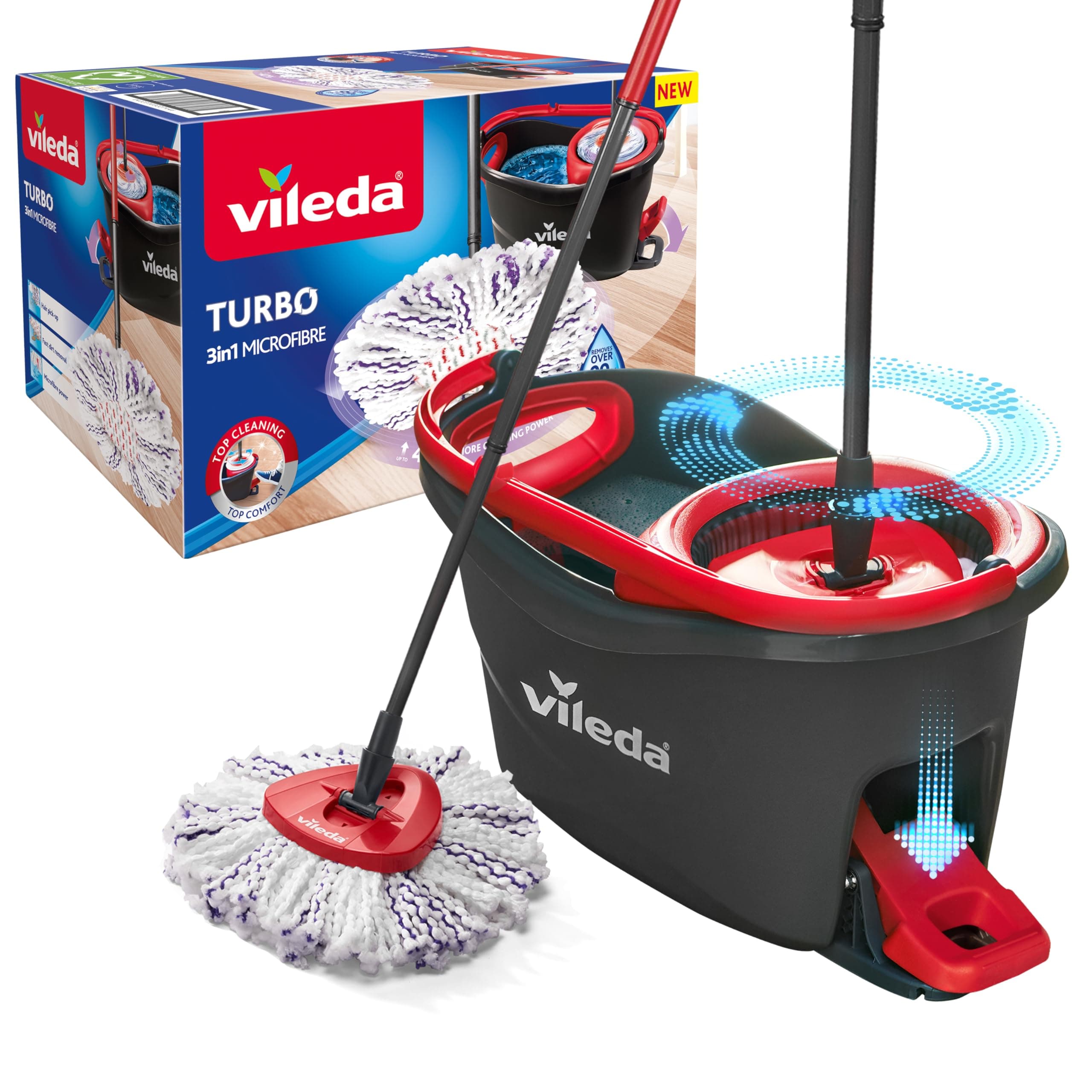 Vileda Turbo 3en1 - Kit Complet Lavage Sol, Manche télescopique 85-123 cm, Balai à système Rotatif avec Seau à pédale, Nouvelle génération de Pad Microfibres 3en1, système de Nettoyage Durable