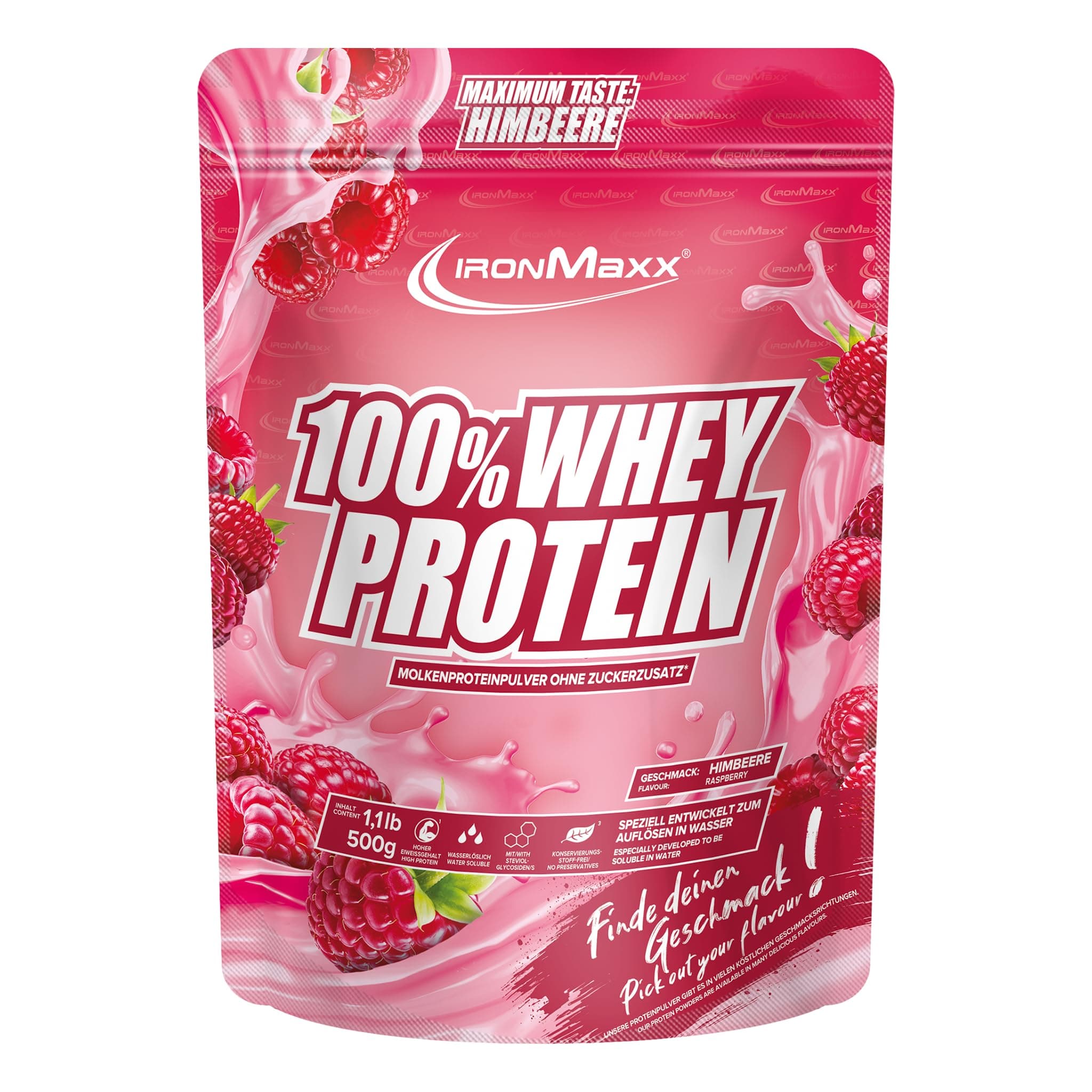 IronMaxx 100% Whey Protein Pulver 500g - Himbeere | Cremiger Eiweißshake mit BCAAs & EAAs | High Protein, Low Carb & zuckerarm | Ideal für Muskelaufbau & Fitness Design kann variieren