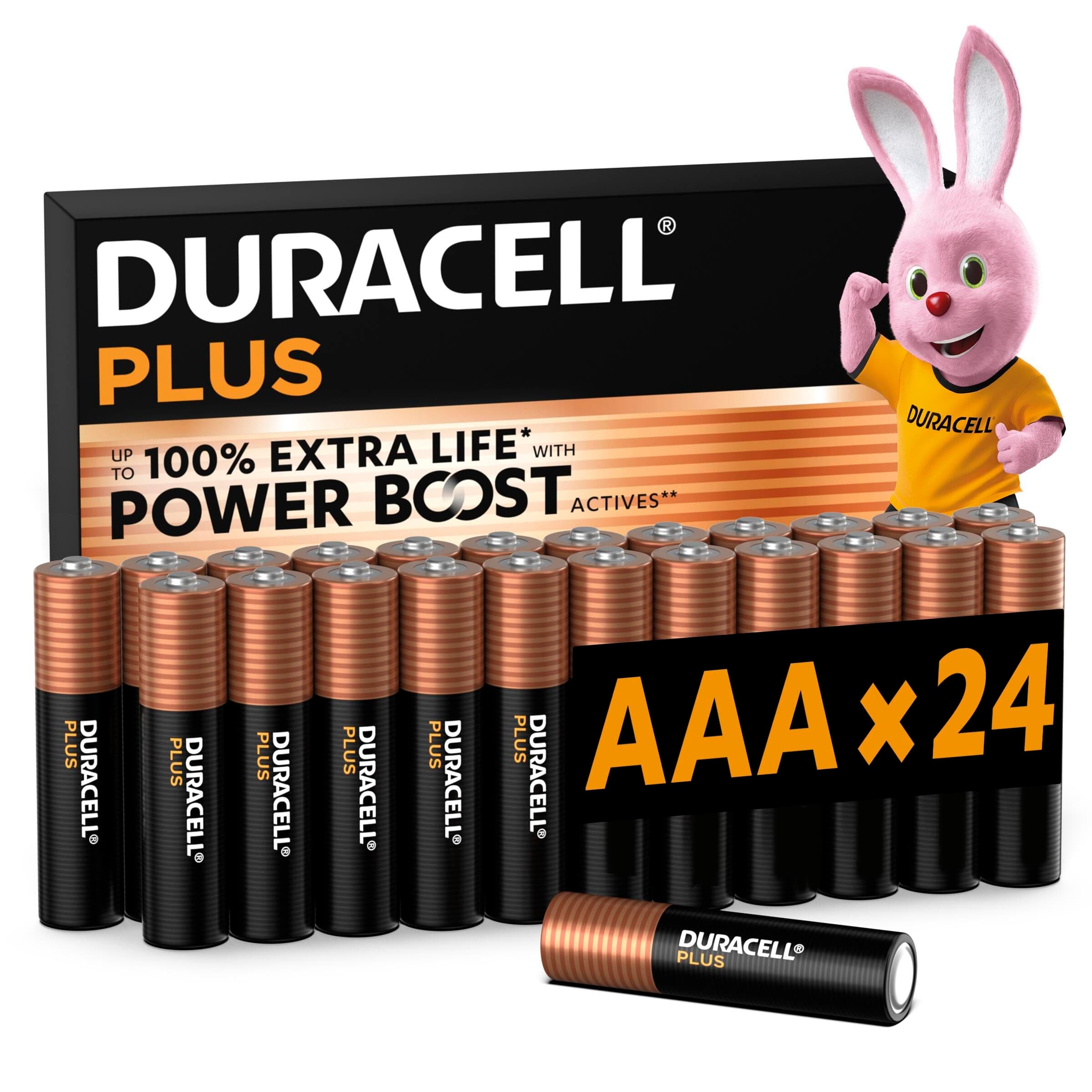 DURACELL Plus Pilas AAA (Paquete de 24) – Pilas alcalinas 1,5 V–Hasta un 100 % de duración extra con activos POWER BOOST–Fiabilidad para dispositivos cotidianos–Envase con 0 % de plástico-MN2400
