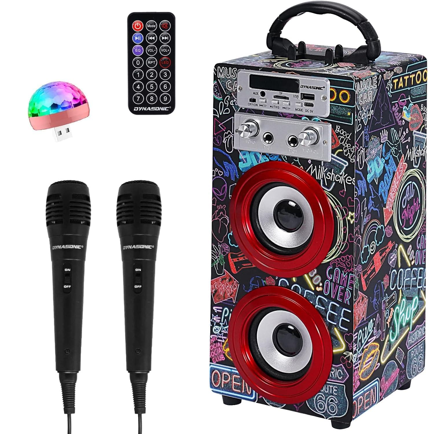Karaoke Portátil DYNASONIC (025-21 luz) Maquina de Karaoke con 2 Micrófonos, Altavoz Bluetooth, Luz USB incluida, Lector USB y SD, diseño Exclusivo, Regalo Original